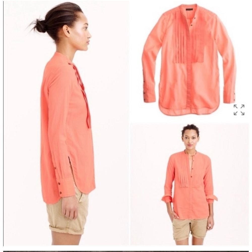 J.Crew Grosgrain Neon Pink Blouse Size 4 VNeck 3/4 Button Down Long Sleeve